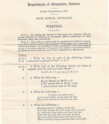 1930 High School Entrance Exam, Writing