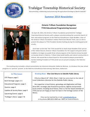 Trafalgar Township Historical Society Newsletter 2014 Summer