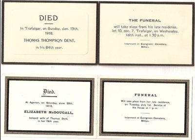 Funeral Cards for Thomas Thompson Dent, 1918, and Elizabeth McDougall Dent, 1913