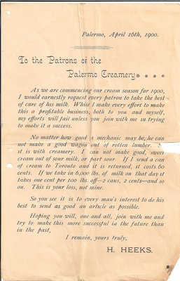 1900 Notice to the Patrons of the Palermo Creamery by Henry Heeks