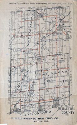 1904 Map of the County of Halton, Showing Proposed County Good Roads System, Marked in Red