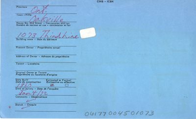 1073 Third Line, Oakville, Canadian Inventory of Heritage Buildings, 1972