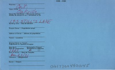 145 Still's Lane, Oakville, Canadian Inventory of Heritage Buildings, 1971