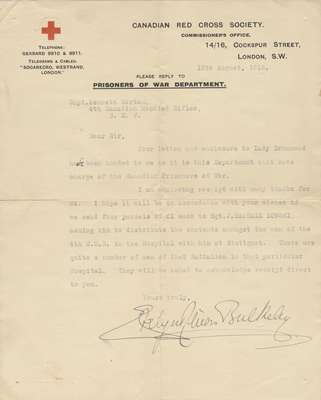 Letter to Captain Marlatt from the Prisoners of War Department, August 15th, 1916.