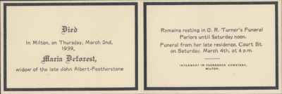 Funeral card for Maria Deforest