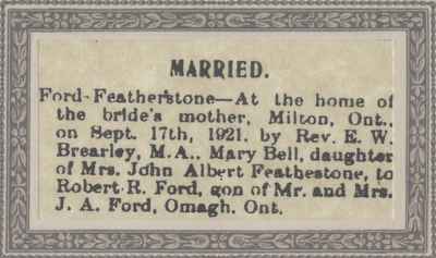 Marriage Notice for Mary B. Featherstone and R. Ford.