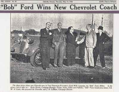 Clipping from Oakville Record; “Bob” Ford Wins New Chevrolet Coach