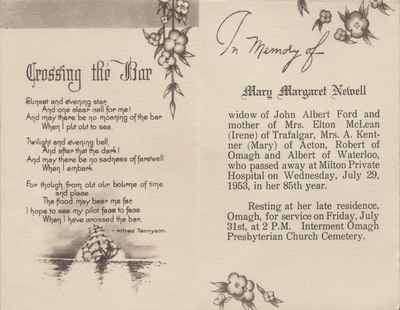 Funeral Card for Mary Margaret Newell