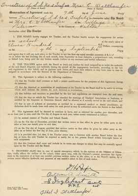 Teaching Contract Between Ethel Wettlaufer and the Trafalgar School Area no 1. 1944.