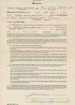 Teaching Contract Between Ethel Wettlaufer and the Trafalgar School Area, 1948