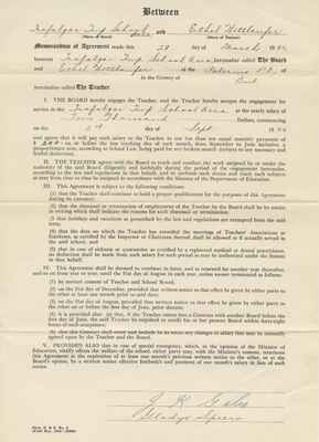 Teaching Contract Between Ethel Wettlaufer and the Trafalgar School Area, 1950