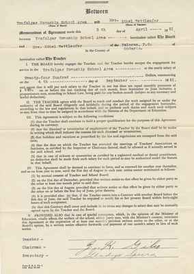 Teaching Contract Between Ethel Wettlaufer and the Trafalgar School Area, 1951