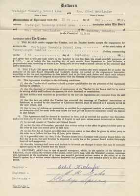 Teaching Contract Between Ethel Wettlaufer and the Trafalgar School Area, 1952