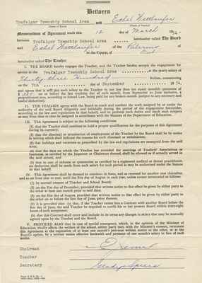 Teaching Contract Between Ethel Wettlaufer and the Trafalgar School Area, 1954