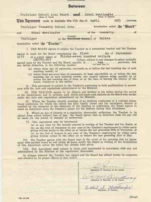 Teaching Contract Between Ethel Wettlaufer and the Trafalgar School Area, 1955