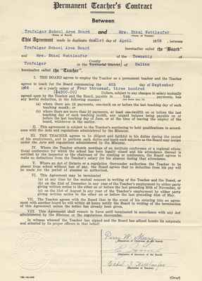 Teaching Contract Between Ethel Wettlaufer and the Trafalgar School Area, 1956