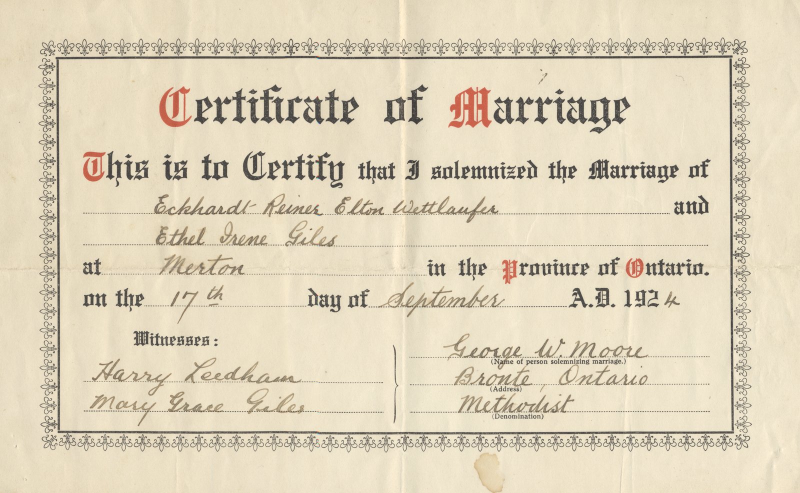 Marriage Certificate For Eckhardt And Ethel Wettlaufer Trafalgar 