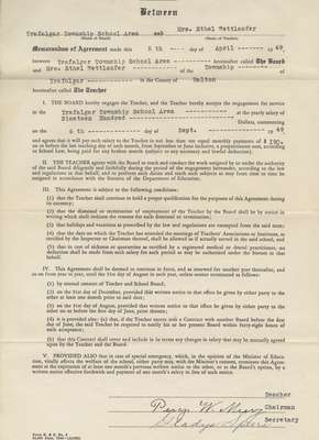 Teaching Contract between Ethel Wettlaufer and Trafalgar Township School Area, 1949