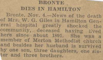 Notice of the death of Mrs. W.G. Giles.