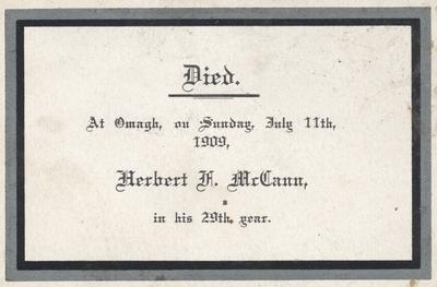 In Memoriam Card, for Herbert (Bert) McCann