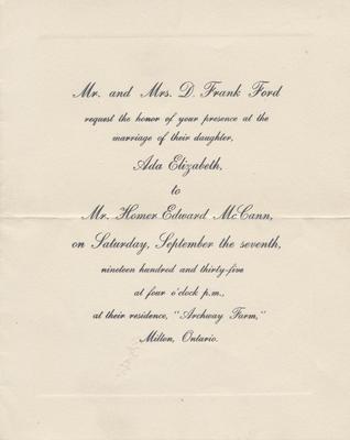 Wedding Invitation for Ada Ford and Homer McCann, 1935