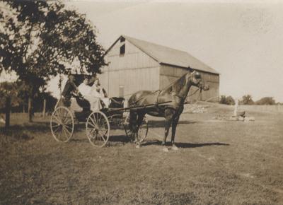 On the Ford Farm, Family in Buggy With Horse in Harness Beside Barn