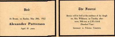 Death Card for Alexander Patterson, 1922