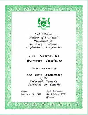 Congratulatory Certificate from Bud Wildman M.P.P. for Algoma, February 1997