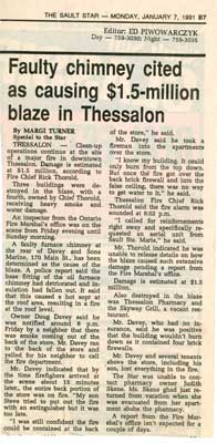 "Faulty Chimney cited as causing $1.5-million blaze in Thessalon", Sault Star Clipping, 1991
