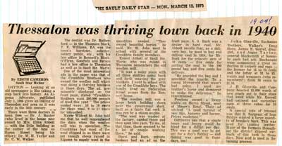 &quot;Thessalon was thriving Town Back in 1904&quot;, Sault Star Clipping, 1973