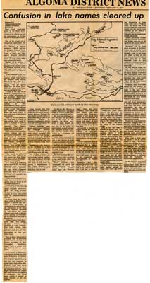 &quot;Confusion in lake names cleared up&quot;, Sault Star Clipping, 1979