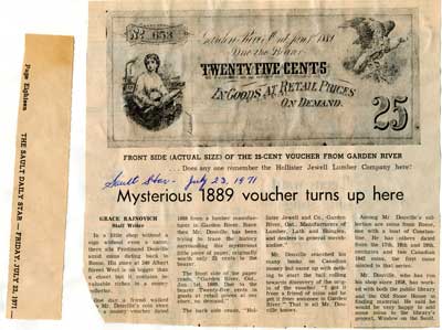 &quot;Mysterious 1889 Voucher Turns Up&quot;, Sault Star Clipping, 1971