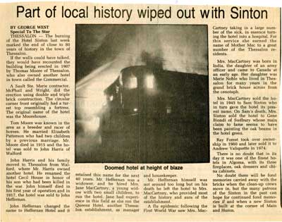 "Part of local history wiped out with Sinton", Sault Star Clipping, 1985
