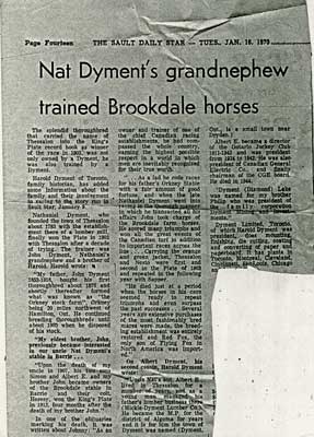 &quot;Nat Dyment's grandnephew trained Brookdate horses&quot;, Sault Star Clipping, 1973