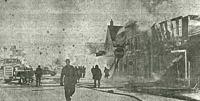 Main Street, Ansara Block Fire, Thessalon, 1963. Photo taken from in front of the O'Conner Hotel looking North.
