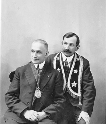 Sam Nokes and Friend in Regalia, circa 1930