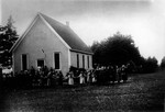 Group of children outside Cavendish school house, ca.1880's.  Cavendish, P.E.I.