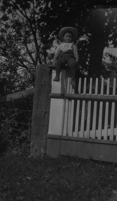 Chester sitting on garden fence, Leaskdale, ON.