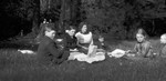 Lily & 2 children (Archie & Edith), Jessie & Cameron Leaks & Chester in Leask' woods for picnic, May 24, 1914.  Leaskdale, ON.