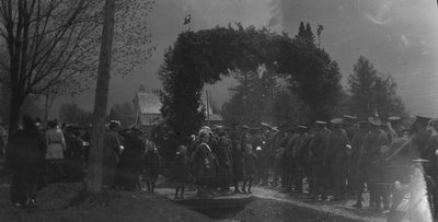 Arch for regiment march, ca.1916.  Leaskdale, ON.