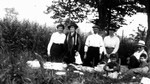 Roadside picnic on way to Bala, ON. - Lucy Maud Montgomery, Ewan, Stuart, Chester, Rev. Alonzo Smith & wife and friend (?), ca.1921.  Leaskdale, ON.