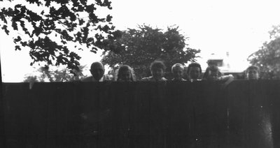 (R/L) Chester, Ruth Cook, Lucy Maud Montgomery (?), Mac Beal, Mrs. Beal, Pat Beale (?), Mr. Beal (?), ca.1920.  Leaskdale, ON.