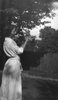 Lily Meyers & Pat the cat, ca.1918.  Leaskdale, ON.