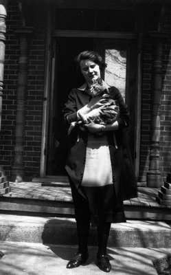 Elsie (?) & Lucky the cat, ca.1920's.  Leaskdale, ON.