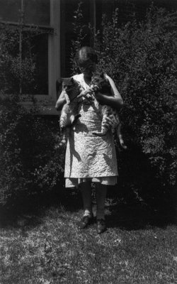 Mrs. Cook with Lucky and 2nd cat, ca.1938 (?).  Norval, ON.