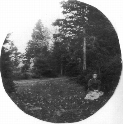 Female figure, seated, in Cavendish woods, ca.1890's.  Cavendish, P.E.I.