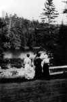 Three (unidentified) women admiring view at Bonshaw, ca.1890's.  Bonshaw, P.E.I.