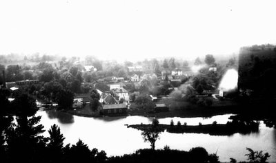 Aerial view of town and river, Glen Williams, ON.