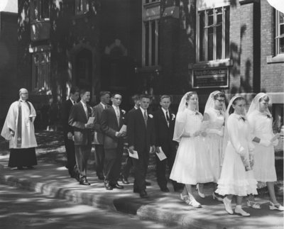 Confirmation class processional at Trinity Evangelical Lutheran Church in Hamilton, Ontario, 1955