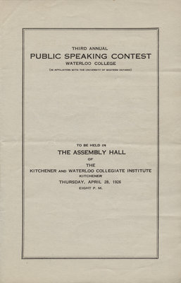 Third annual public speaking contest, Waterloo College (in affiliation with the University of Western Ontario), Waterloo